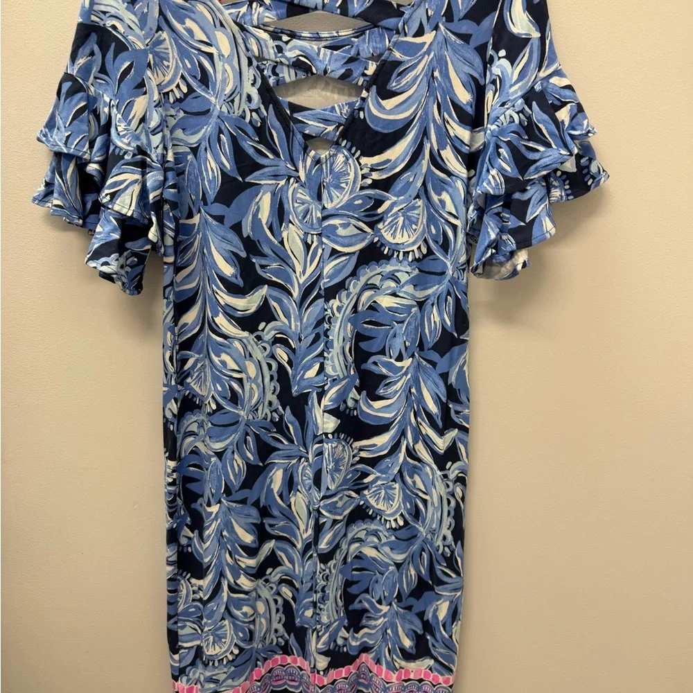 Lilly Pulitzer Navy and Light Blue Floral Midi Dress with Pink Hem Trim - Picture 2 of 4